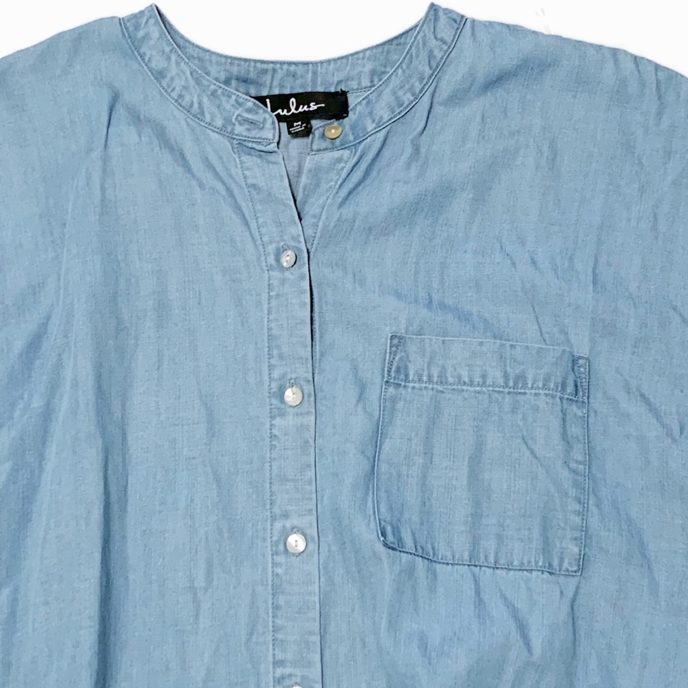 Lulus Medium Chambray Button Down Tie Blouse Shor… - image 2